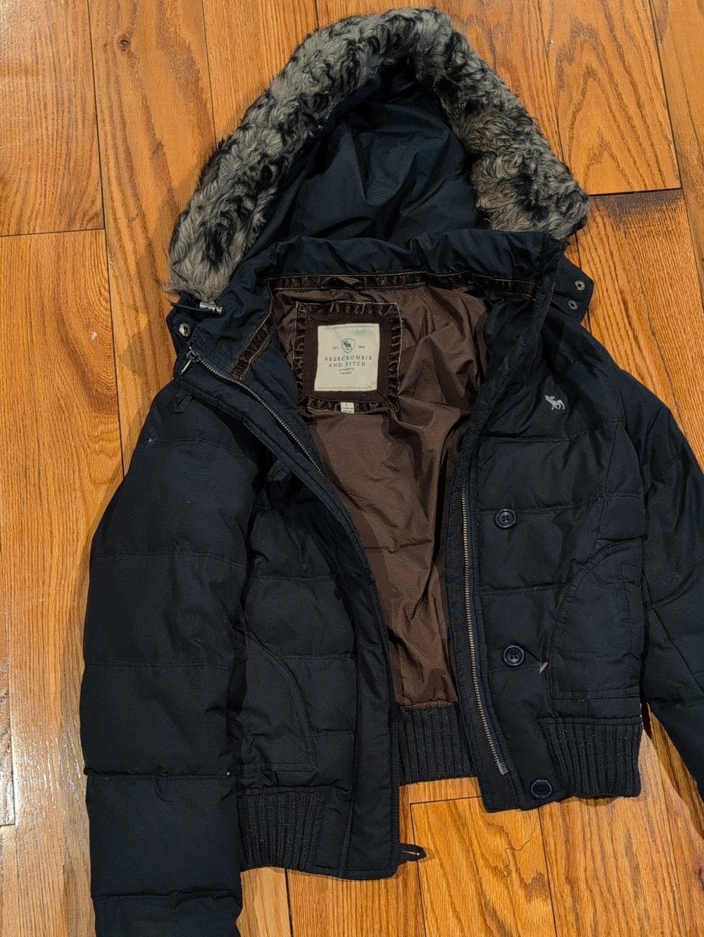 abercrombie kids Black Puffer Coat with Faux-Fur Hood